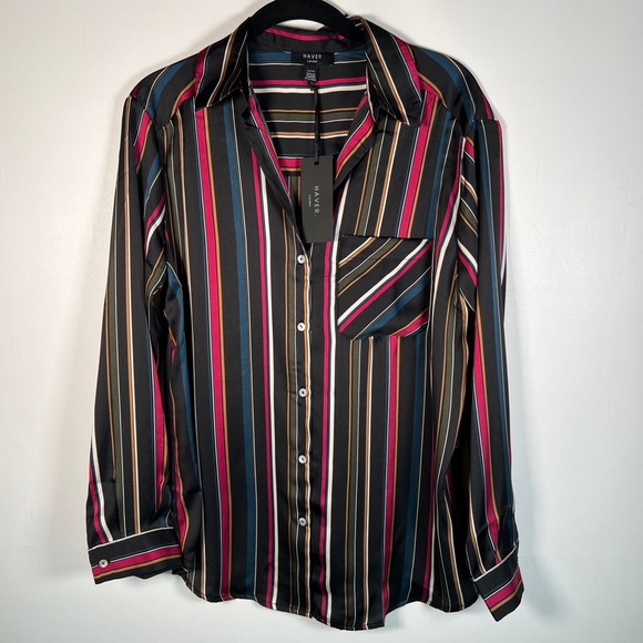 NWT HAVER LONDON Satin Striped V neck Button Up LS Shirt WEAR UNTIED/TIED XS - Picture 12 of 16